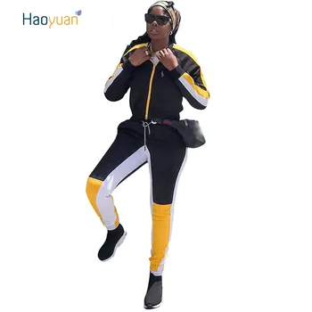 

HAOYUAN Plus Size Sexy Two Piece Set Women Autumn Long Sleeve Hooded Zipper Top Casual Patchwork Tracksuit 2 Piece Matching Sets