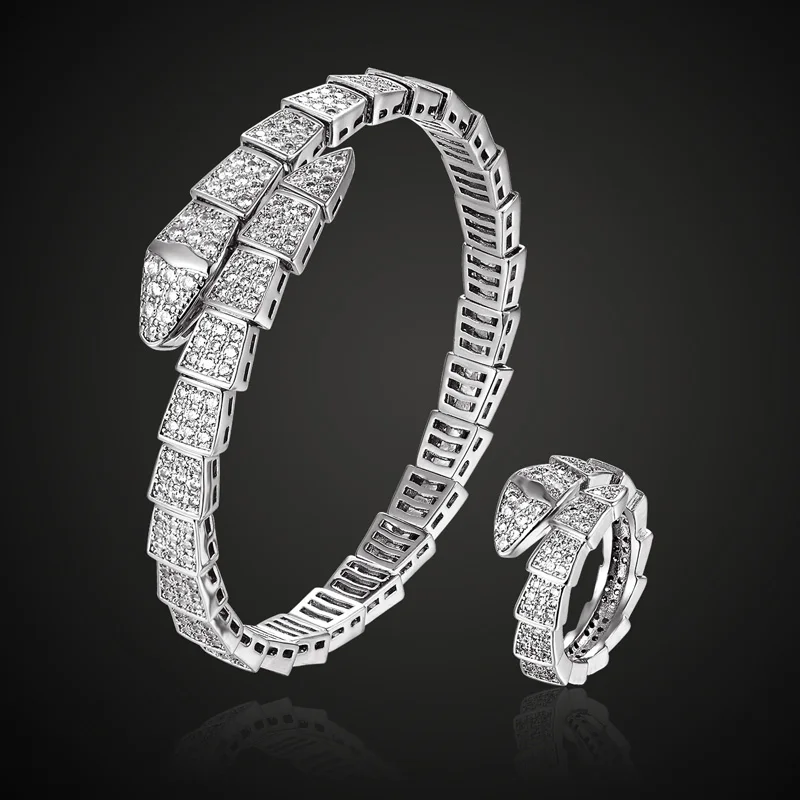 

Fashion Brand Adjust Cubic zircon snake bangle and ring wedding jewelry sets three plated color copper bangle anel sets aneis
