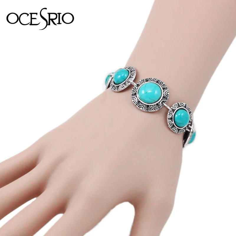 

OCESRIO Vintage Green gem stones charms chain link Bracelets Bangles for women bracelet silver plated jewelry brt-e78