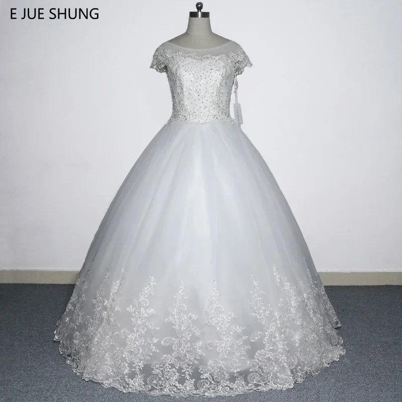 

E JUE SHUNG White Vintage Lace Appliques Ball Gown Wedding Dresses 2018 Key hole Cap Sleeves Luxury Wedding Gowns robe de soiree