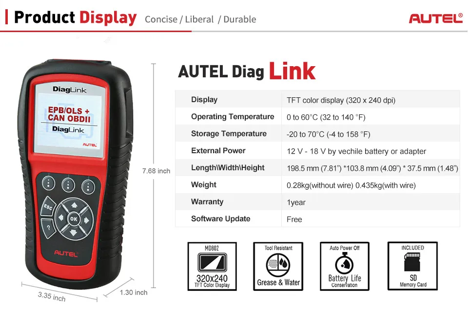 Autel Diaglink автомобильный диагностический инструмент(DIY версия MD802) с EPB/сбросом масла и двигателя/трансмиссии/ABS/SRS диагностики