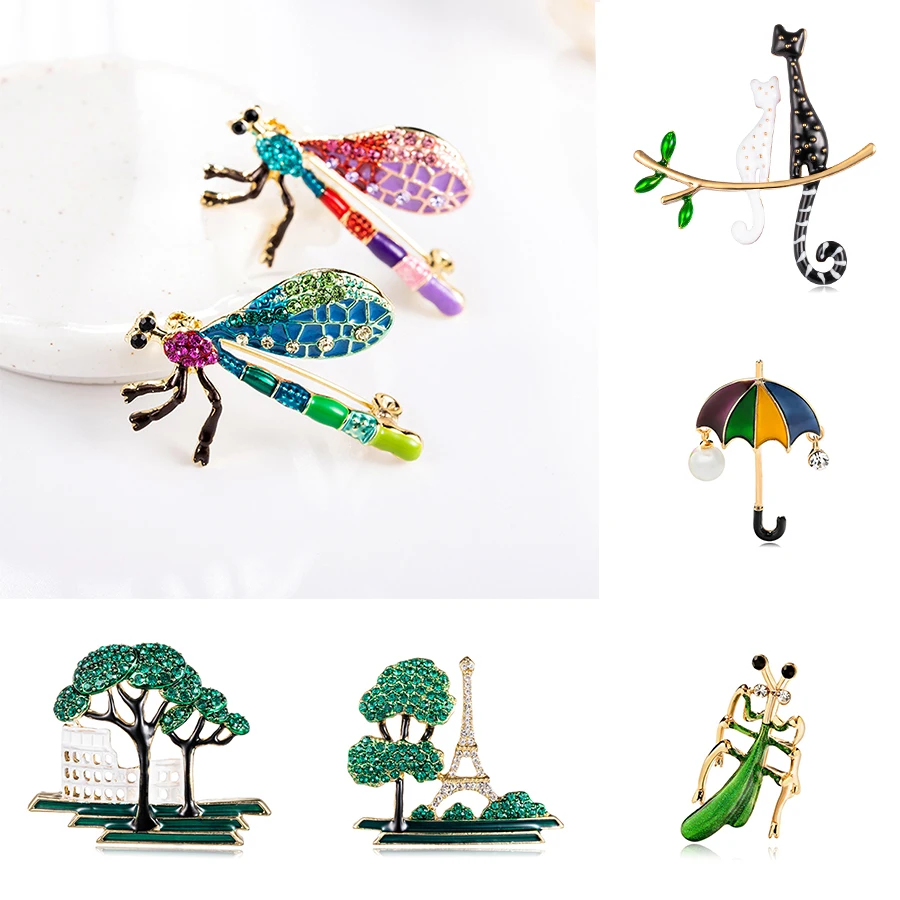 

Luxury Rhinestone Dragonfly Insect Brooches for Women Building Tree Umbrella Pins Enamel Cute Design Jewelry Coat Accessories