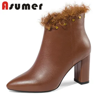 

ASUMER NEW 2020 fashion pointed toe ankle boots for women solid winter boots thick heels zip popular genuine leather boots
