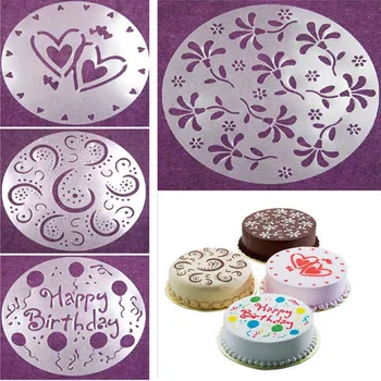 

4 pcs/set Cake Spray Mold Happy Birthday Flowers Heart Pattern Spray Stencils Birthday Cake Decoration Mold Set