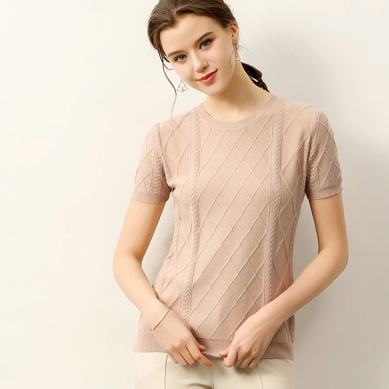 

T Shirt Women Tops Short style geometric pattern style shirts Casual female knitting sweater short sleeves Tee