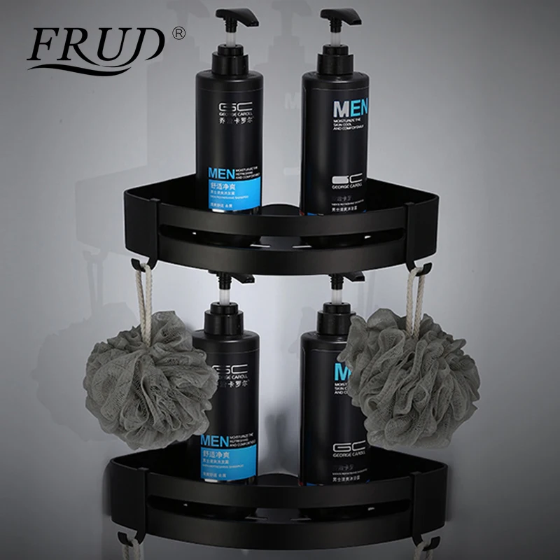 

FRUD New Aluminum Bathroom Shelf Black Bathroom Shelves Rack with Hooks Single Dual Tier Wall Mounted Corner Shelf Y38037/Y38038