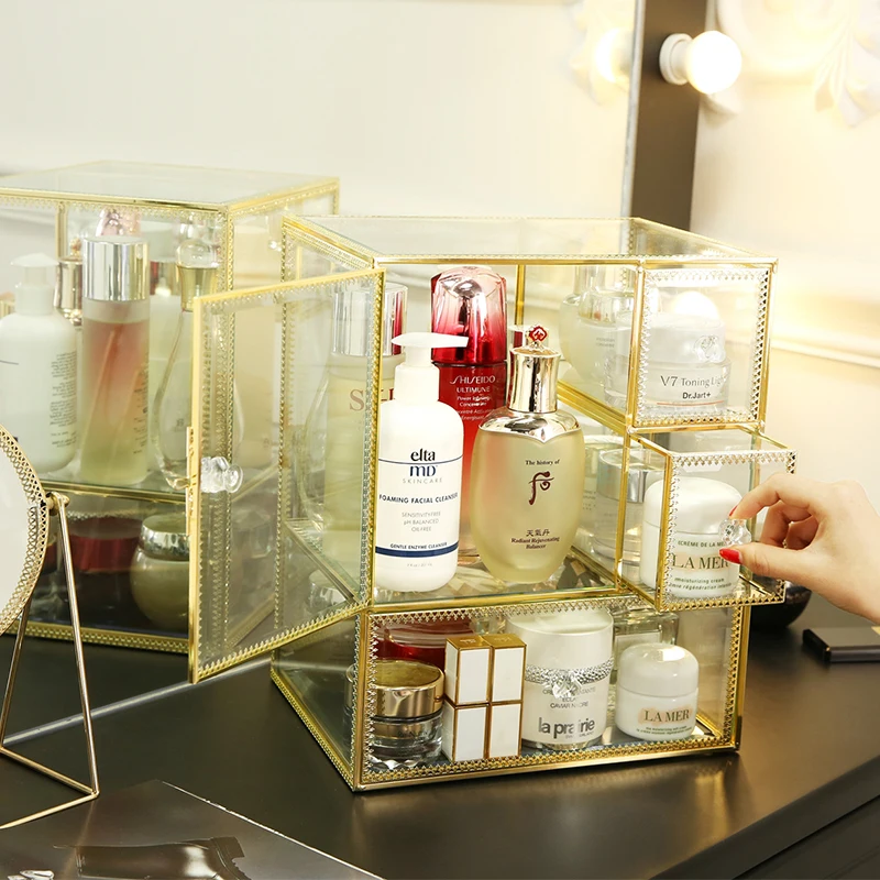 Gold Glass Drawer Perfume Bottle Storage Box Makeup Perfume Storage