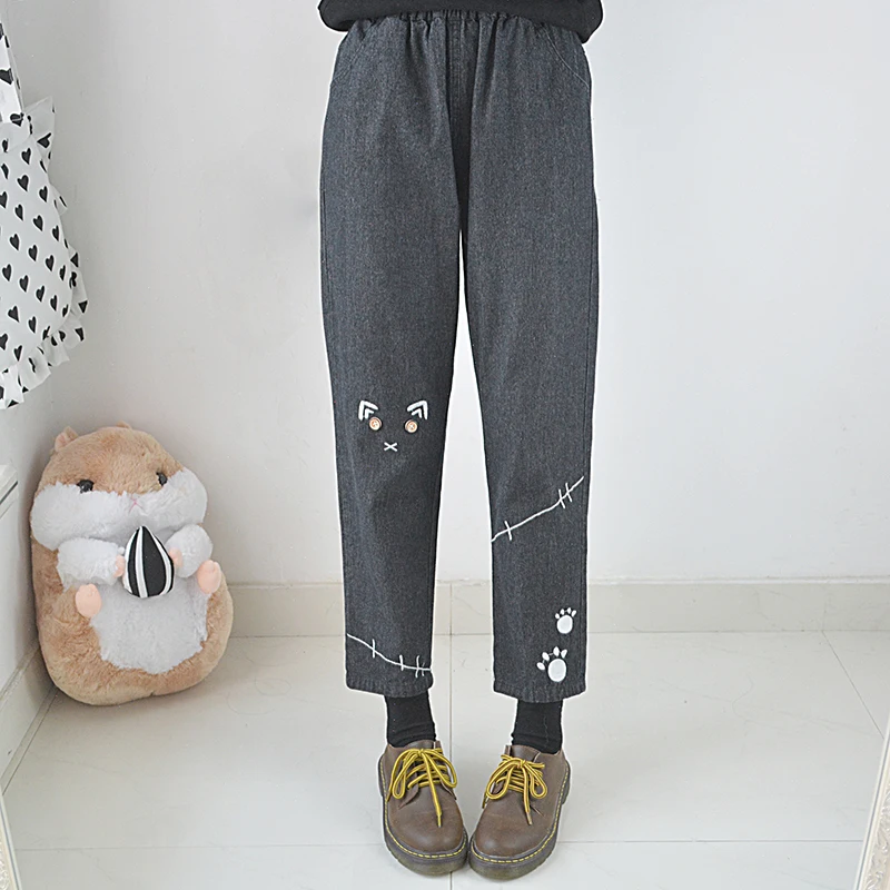 

Puppet Circus New Women's Autumn Winter Ankle-Length Pants Loose Straight Trousers Embroidery Trim Casual Pants Color Gray