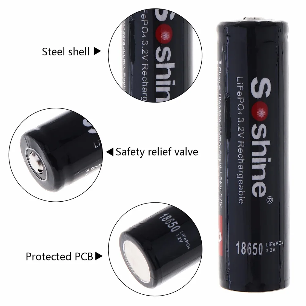 Soshine 2pcs 1800mAh Высокая емкость LiFePO4 3 2 V 18650 аккумуляторная батарея с защищенной