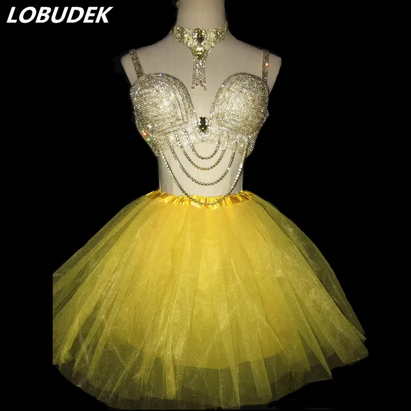 Prom Ballroom female costumes Bar Nightclub DJ Singer Star Party Model Catwalk performance clothes Yellow Rhinestones Bikini set |