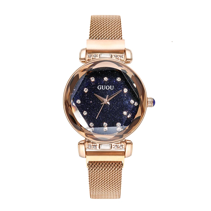 

2019 GUOU Luxury Diamond Women Quartz Watch Gold Slim Mesh Steel & Leather Star Dial Waterproof Ladies Watch Female Clock Girl