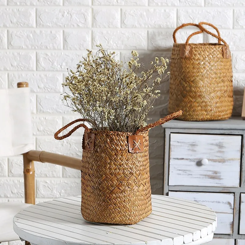 

Handmade Straw With Handles Storage Basket Scandinavia Creative Flower Pot Sundries Landry Storage Basket Home Decor Organizer