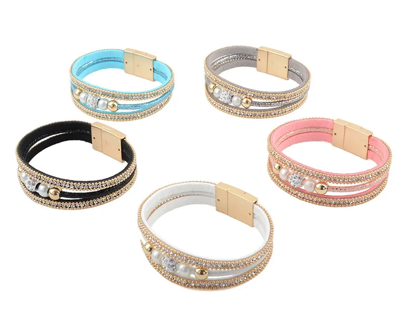 

High Quality Fashion Female Styles Rhinestone Multilayer PU leather Women Bracelet Boho magnetic buckle wristband pulseras mujer