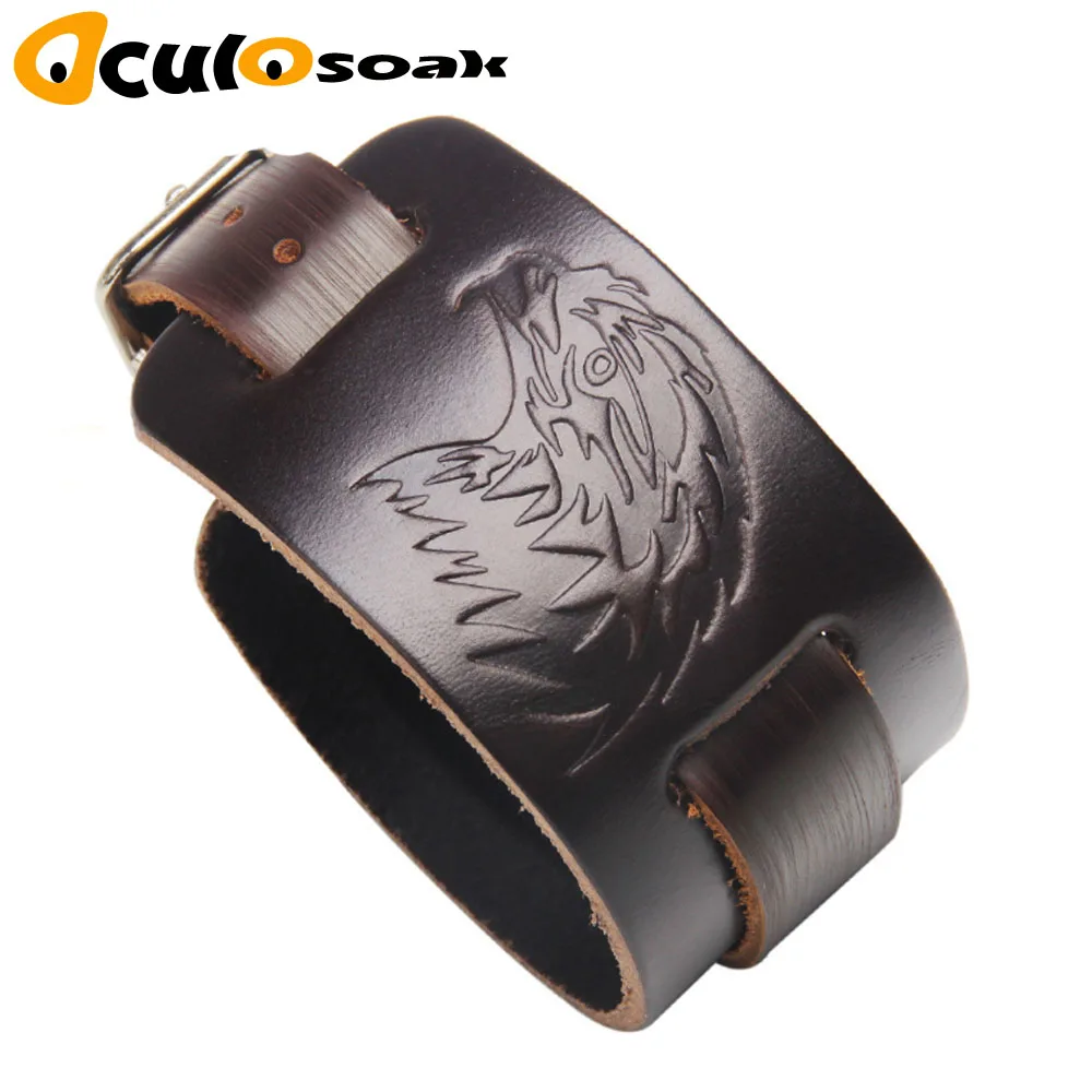 

Hot Eagle Pattern Printing Leather Bracelet Trendy Eagle Wide Man Bracelets Bangles Adjustable Women Leather Bangles Jewelry
