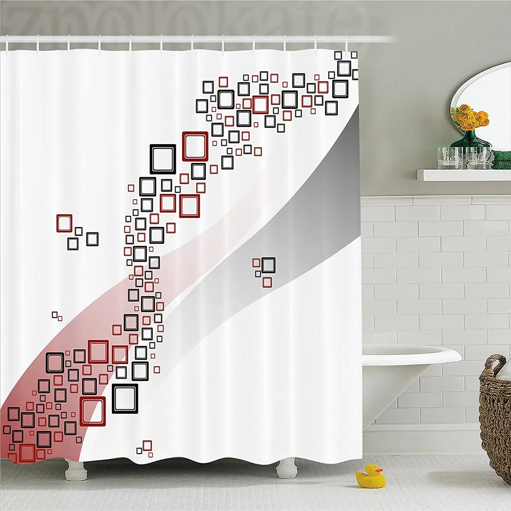 Abstract Decor Shower Curtain Fractal Square Shaped Geometric Forms with Wavy Two Color Backdrop Artwork Bathroom Set | Дом и сад