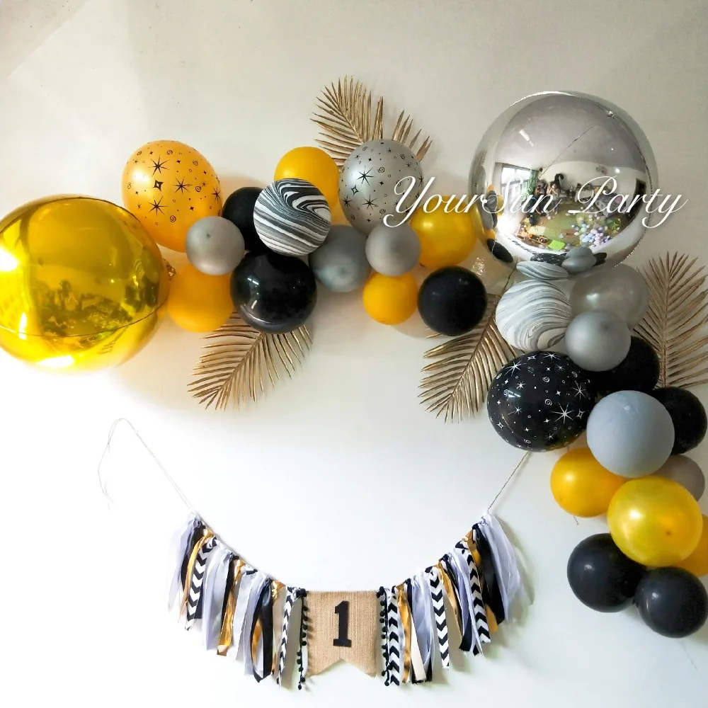 

Free Shipping Black and Gold Inspired Party Balloons Arches With Golden Leaves Baby first year birthday party balloons garlands