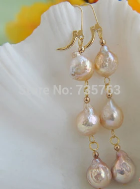

xiuli 00297 13MM PINK ALMOST ROUND KESHI REBORN PEARL DANGLE EARRING 14KGP