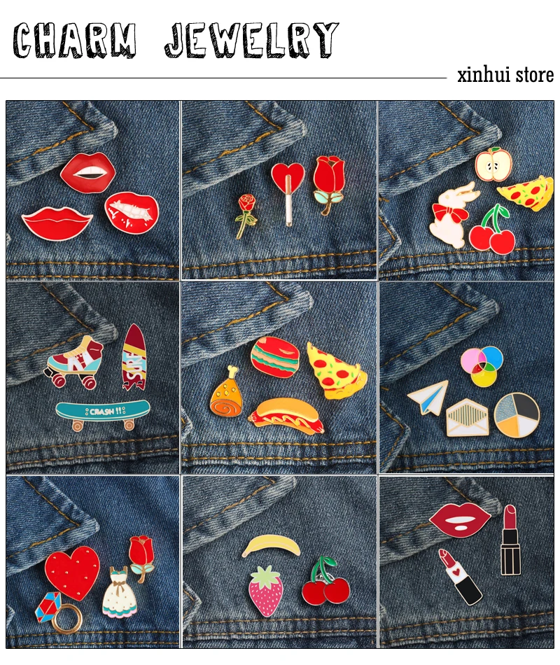 9 стилей эмалированный значок набор коллекция Брошь губы цветок и еда обувь ювелирные изделия для мужчин женщин джинсовые куртки рюкзак аксессуары
