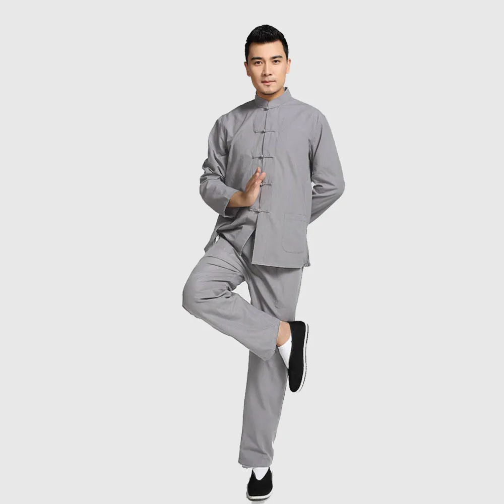 Novelty Chinese Men Solid Kung Fu Suit 100% Cotton Loose Wu Shu Tai Chi Sets Jacket&Trousers M L XL XXL 3XL 4XL YZT090610