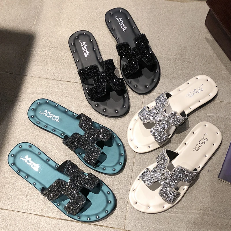 

Rivet Net Women Slippers Summer Fashion Female Slides Wear Wild Flat Beach Flip-flops Outdoor Slippers for Womens