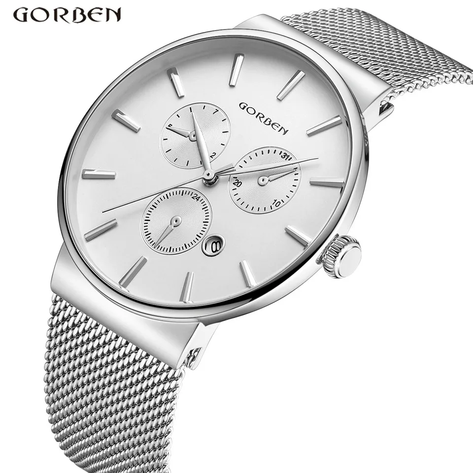 Top Brand GORBEN Watch Men Ultra thin Dial Silver Stainless Steel Mesh