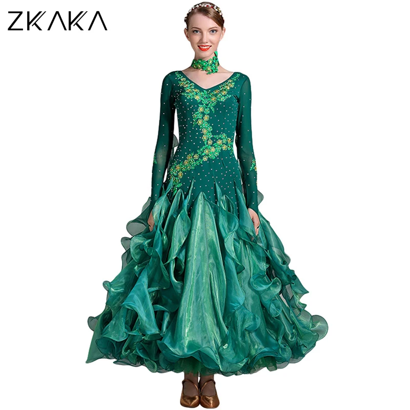 

ZKAKA Women Adult Round Neck Long Sleeves Ballroom Dance Dress