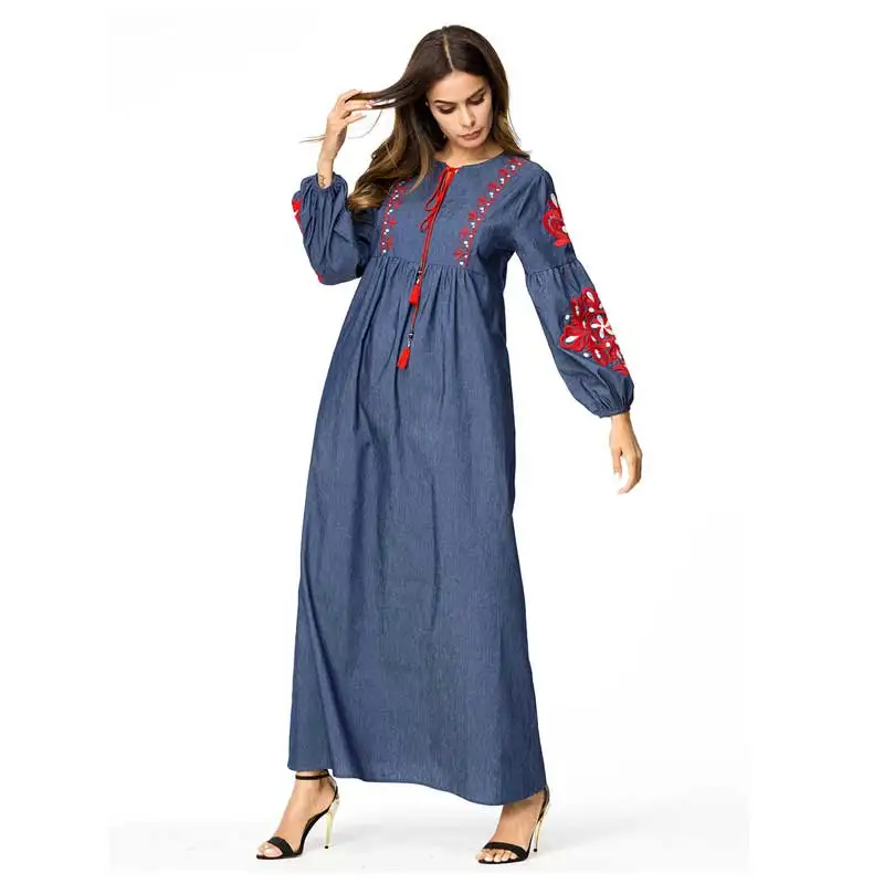 2019 мусульманская винтажная вышивка Макси платье abaya кимоно свободные Рамадан