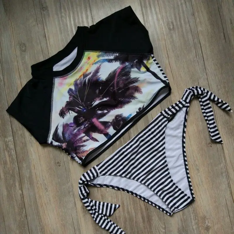 جديد 2019 اثنين من قطعة مجموعة البكيني النساء قصيرة الأكمام ملابس السباحة شريط جوز الهند طباعة Tankini ملابس السباحة الشاطئ رياضة ركوب الأمواج ثو...