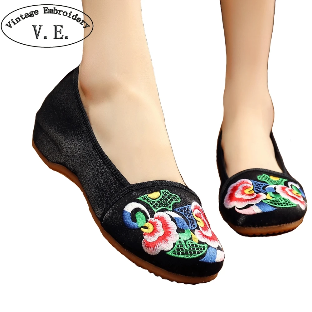 Satin Cotton Women Round Toe Embroidered Ballet Flats Elegant Ladies