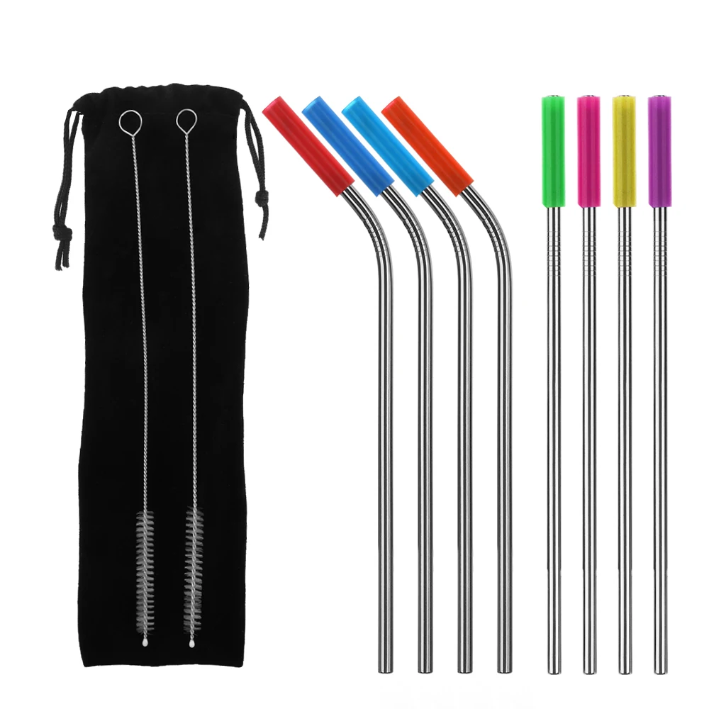Buy 8pcs Reusable Stainless Steel Tea Drinking Straws Metal With Silicone Tips