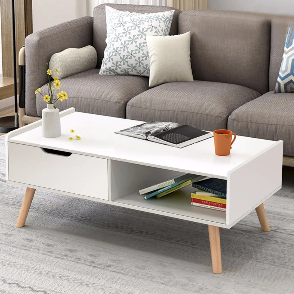Giantex Modern Coffee Table Side End Table Cabinet With Drawers Solid Wood Legs Home Furniture HW57466