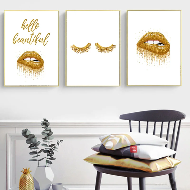 

Quote Canvas Art Gold Dripping Lip Wall Posters and Prints Make Up Eyelash Painting Gorgeous Pictures Fashion Shop Bedroom Decor