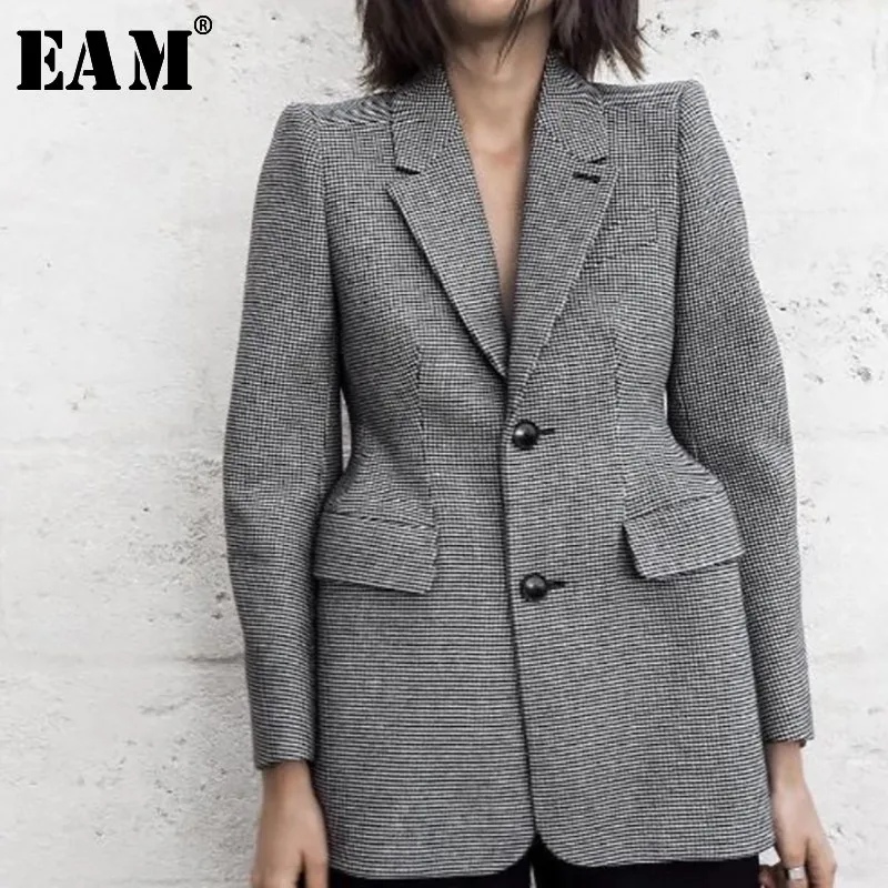 

[EAM] 2019 New Autumn Full Sleeve Plaid Turn-down Collar Pockets Button Medium Length Coat Women Fashion Tide OA817