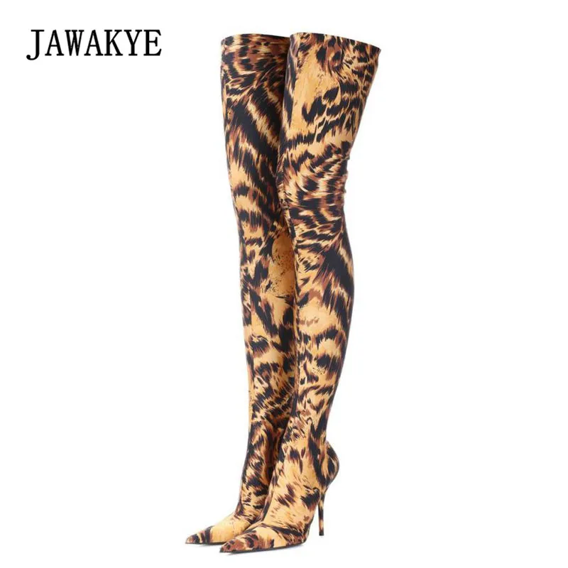 

2018 Sexy Leopard Over The Knee Boots Woman Pointed Toe Strange High Heel Boots Women Fashion Stretch Sock Ankle Boots