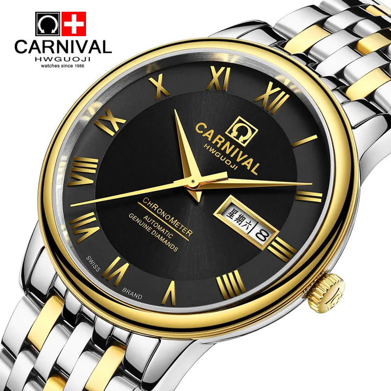 Carnival Watch Men Automatic Mechanical Luminous Full Gold Stainless Steel Waterproof Week Date Black Watches