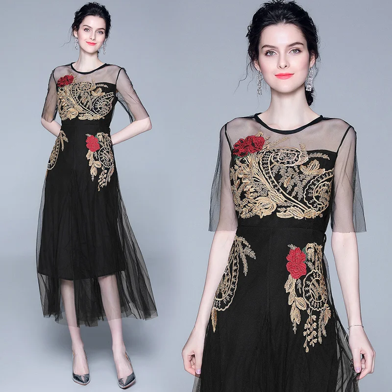 

women woman Designer dress 2019 summer embroidery Embroidered Floral office sexy A-line Cocktail party midi dresses clothes