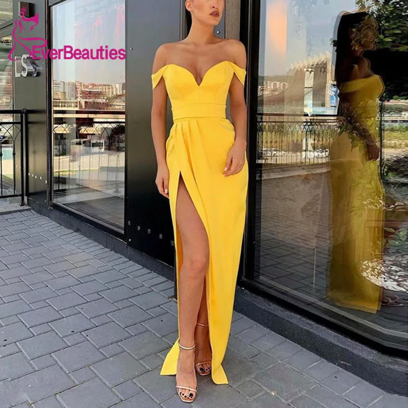 

Robe De Soiree Mermaid Evening Dresses Long 2019 Satin Off the Shoulder Prom Gowns Side Slit Formal Dress