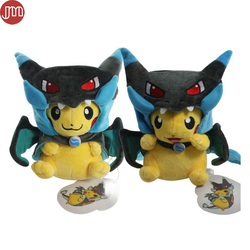 

OHMETOY Pikachu With X Charizard Hat Soft Stuffed Plush Doll Smile Laugh Style Cute Yellow Blue Approx 22cm