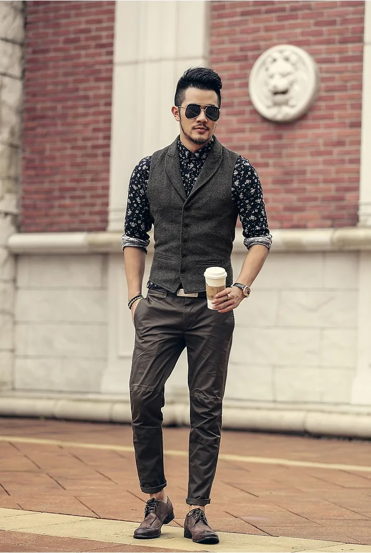 Męskie marki bez rękawów kurtka kamizelka męska garnituru moda męska brytyjski styl Slim Woolen bawełna Single breasted Vintage kamizelka -