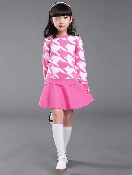 

Girls Autumn Winter Fashion Long Sleeve Sweater Suit Princess Style Children Cashmere Sweater Set T-shirt Thickening Skirt Set