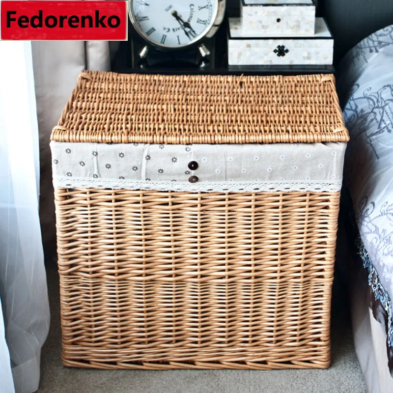 Large wicker rattan Laundry baskets natural rattan baskets with lid clothes storage box and bins covered home decor organizer