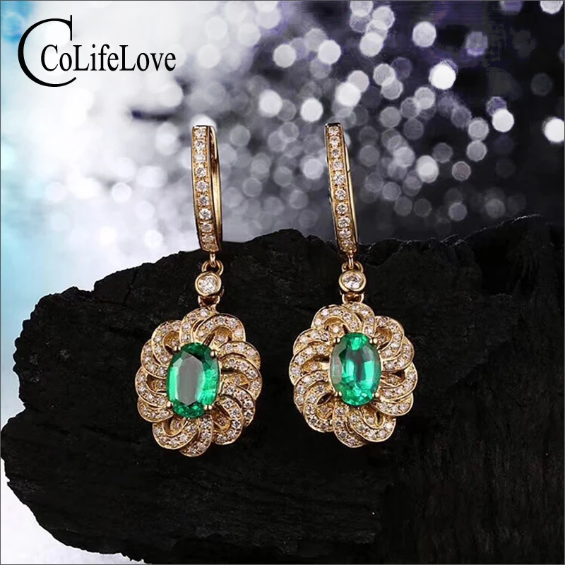 

Vintage silver emerald drop earrings for party 4 mm * 6 mm natural emerald earring yellow gold color 925 silver emerald jewelry