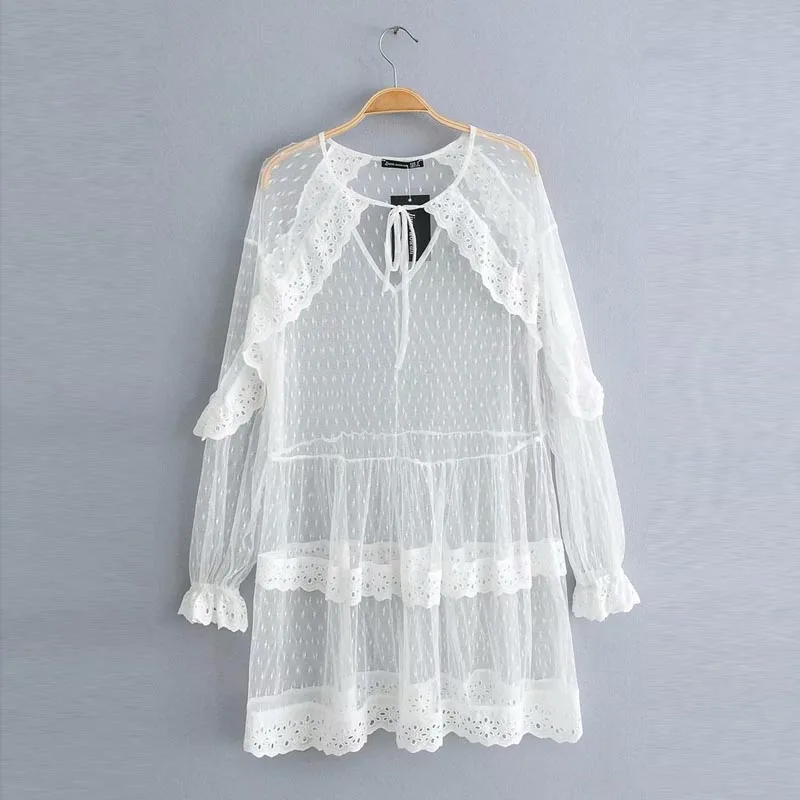 

QZ969 European New Design V Neck Ruffles Dot Lace Dress Womens Sexy See Through Dresses Summer Sunscreen Vestidos