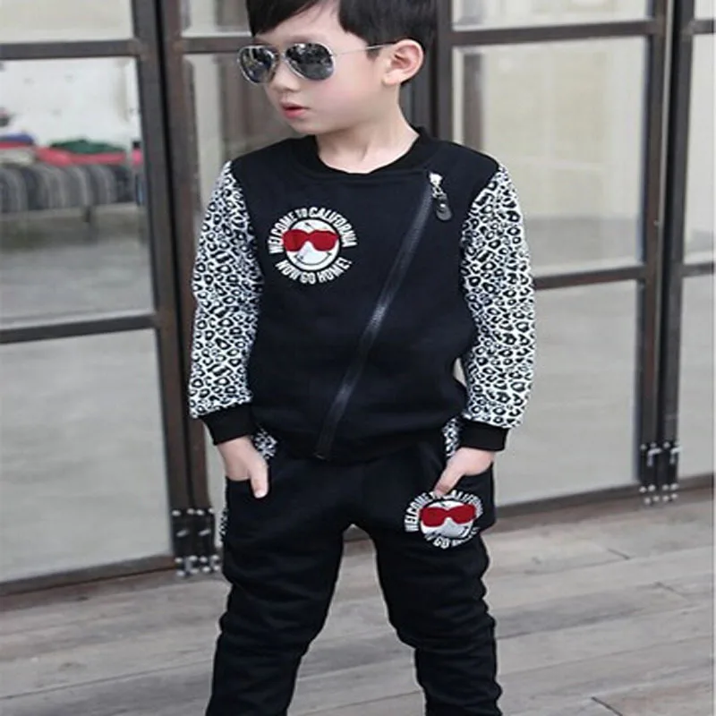 

2016 Winter Two Piece Suit Fiesta Sport Leopard Jacket Hoody+Pants Trousers Ropa Costume Para For Enfant Baby Kids Boys Clothes