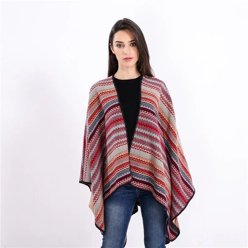 

Fashion Colorful Stripes Large Poncho Shawl Cloak Women Autumn Winter Thick Warm Cashmere Scarf Stoles Classic Poncho Capes