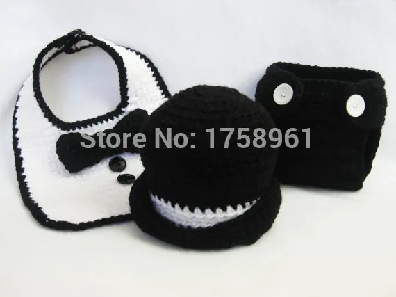 

Pattern Suit and Tie Set, Crochet Diaper Cover, Top Hat and Bow Tie Set, 0-3month, Infant Photo Prop