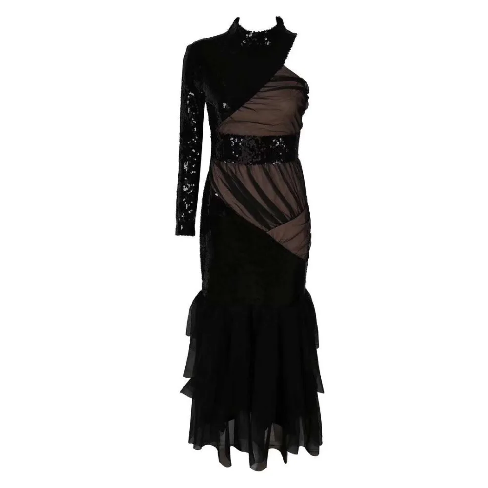 Cocktail Moulante Noir Qualité Robe Noble De Une Mode Longue Manches Épaule Top Longues q4ABwxx