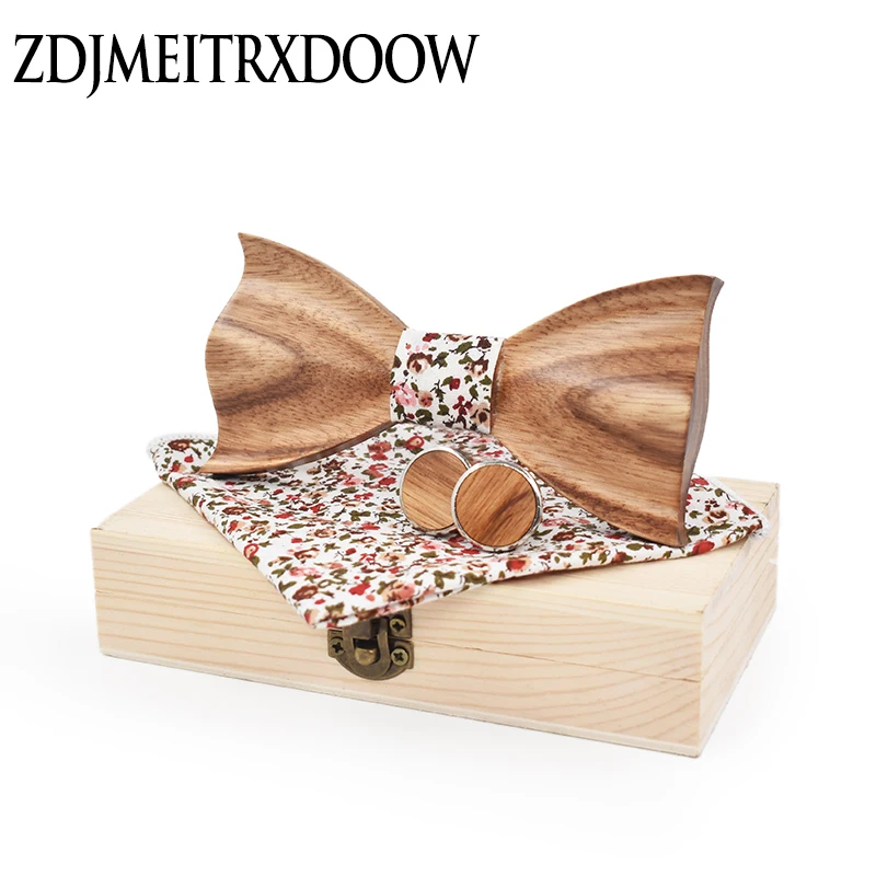 

New design 3D Zebra Wood Ties for Men Cufflinks Pocket Square Suit Adult Printing wedding Bowtie noeud papillon With Wood boxes