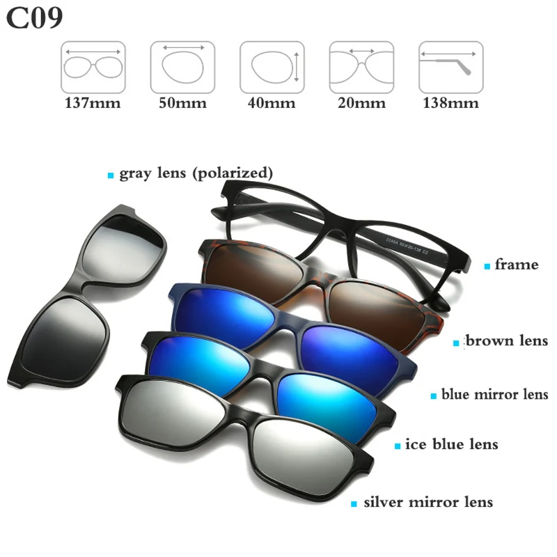 Модная оптическая оправа для очков для мужчин и женщин с 5 зажимами, солнцезащитные очки, поляризованные Магнитные очки для мужчин, очки для близорукости RS159 - Цвет оправы: RS159 C09