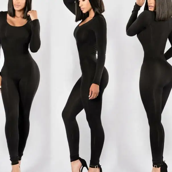Rompers Womens jumpsuit New 2018 Winter Skinny Full Length Black O neck Sexy Club Black Bodycon